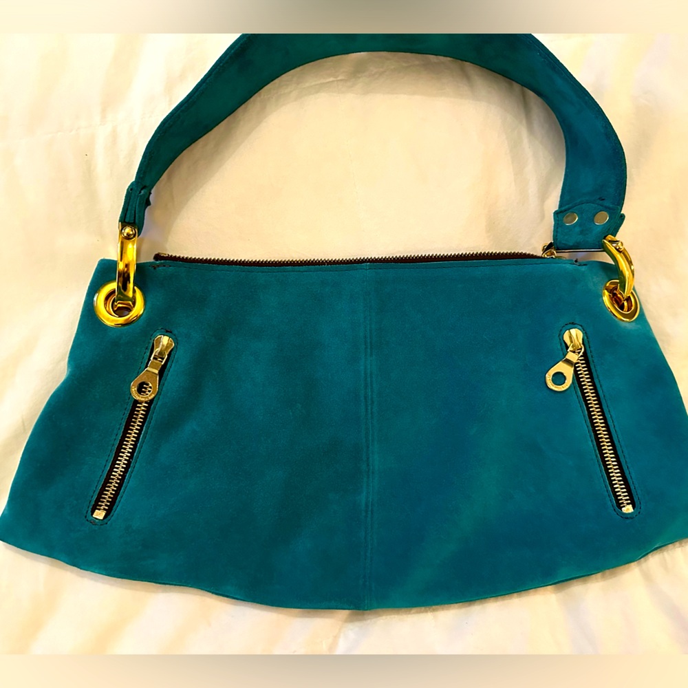 Christopher Kon Green/blue suede shoulder bag perfect condition hobo gold detail